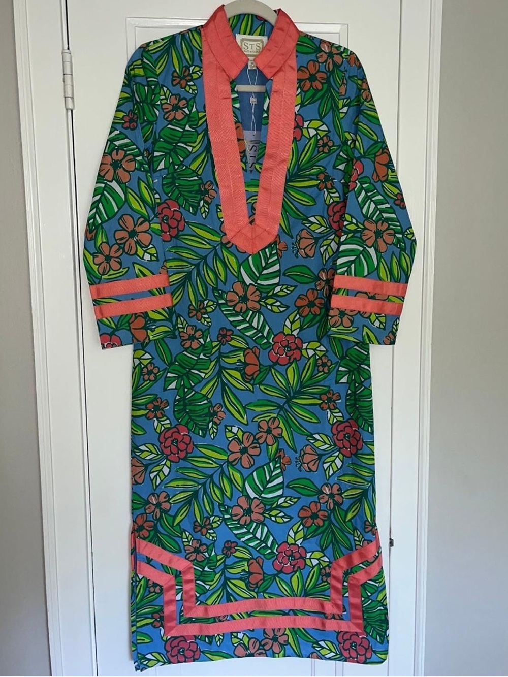 Sail to Sable,Tropical Floral Tunic Midi Dress Pink Trim Resort Preppy,Size S - Picture 2 of 5